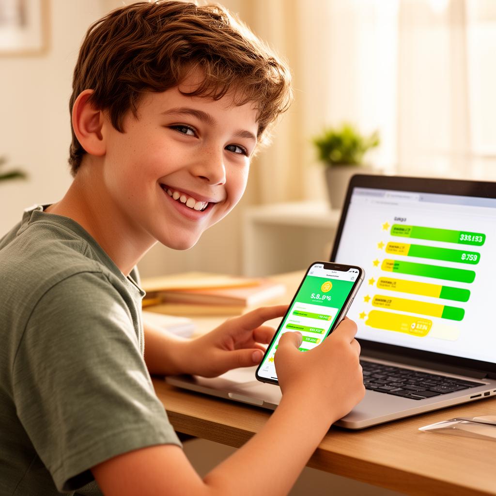 Boy tracking savings goals on phone